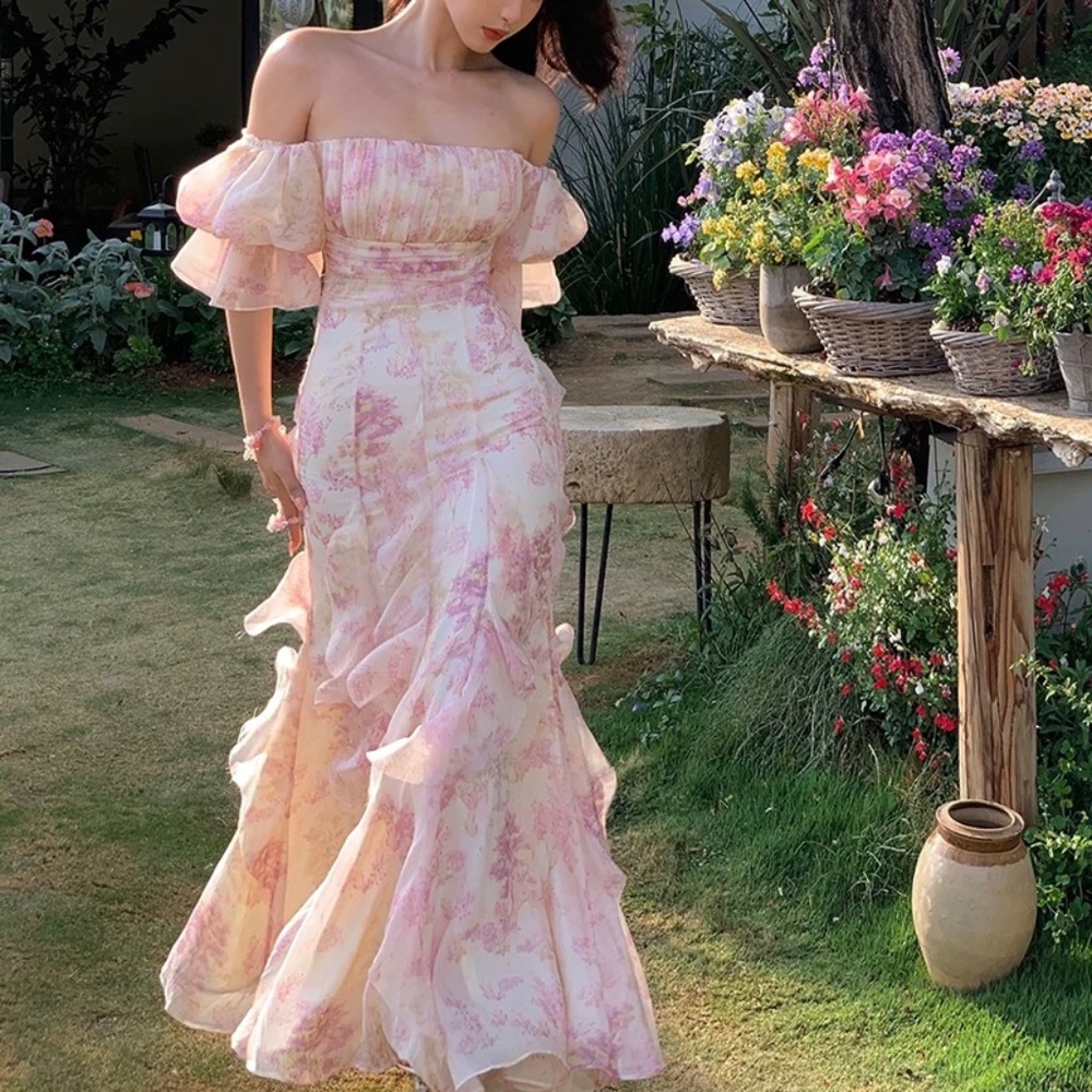 Off-Shoulder Floral Chiffon Dress with Puff Sleeves